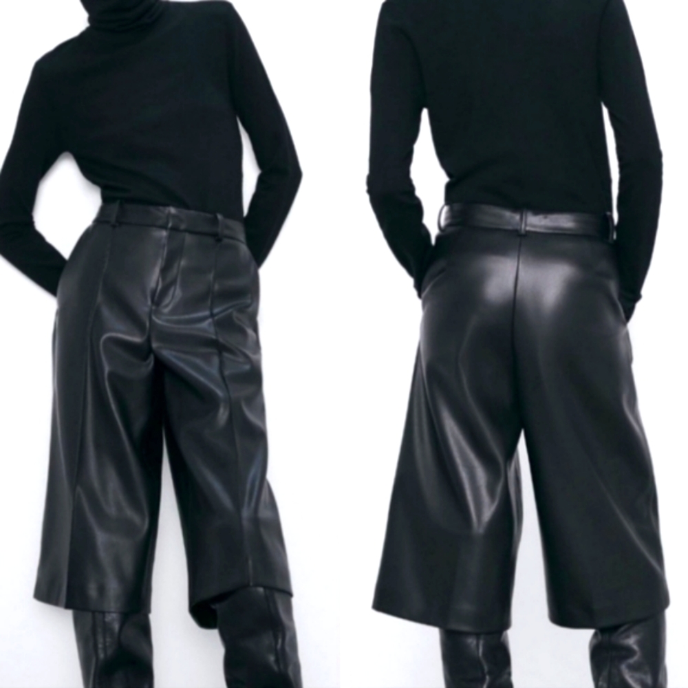 Zara Faux Black Leather Bermuda Culottes Size S - Picture 5 of 12